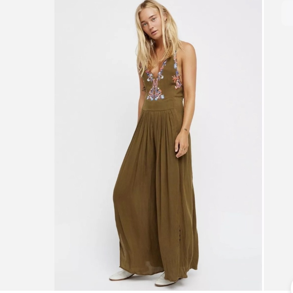 Free People Olive Green Embroidered V-Neck Jumpsuit
